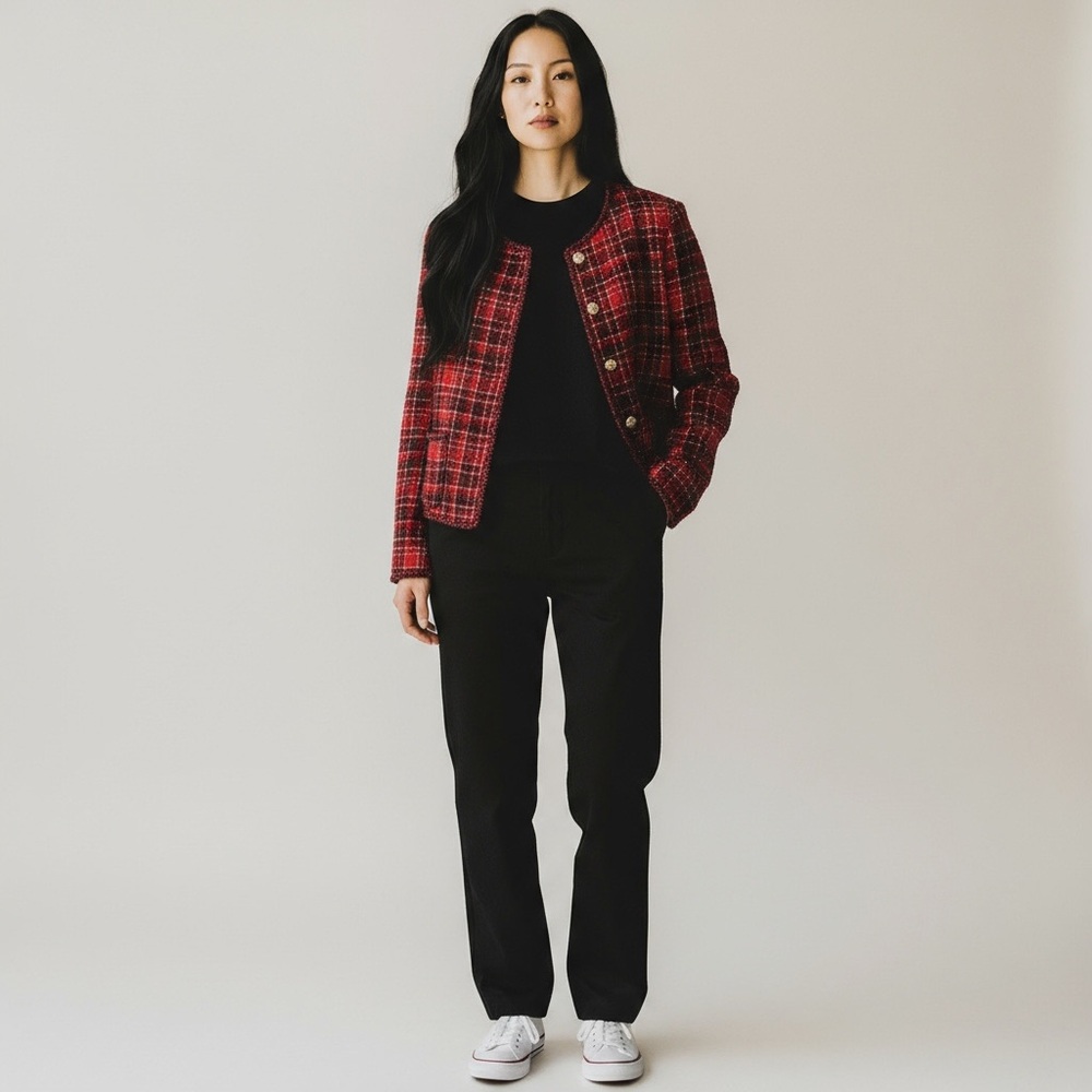 NWT ADRIANNA PAPELL Red Black Crew Neck Lined Tweed Blazer Jacket MEDIUM